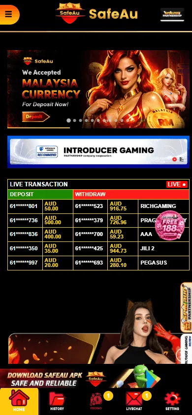 Safeau Casino home view on a mobile device