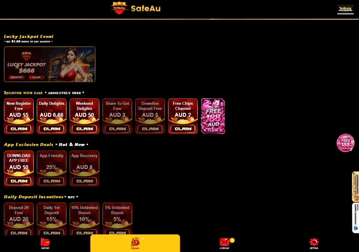 Safeau Casino promotions view on a desktop device