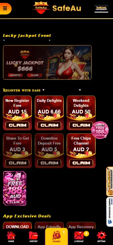 Safeau Casino promotions view on a mobile device